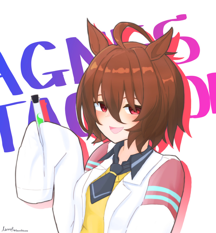 1girl, absurdres, agnes_tachyon_(umamusume), ahoge, animal_ears, artist_name, beautifulinsnow, black_necktie