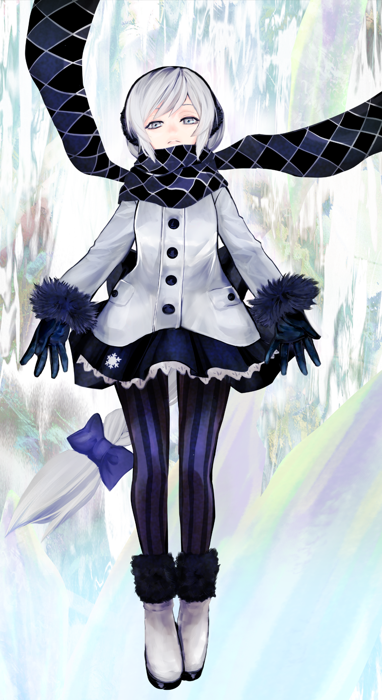 1girl, abstract_background, argyle, argyle_scarf, arms_at_sides, back_bow, black_bow, black_gloves