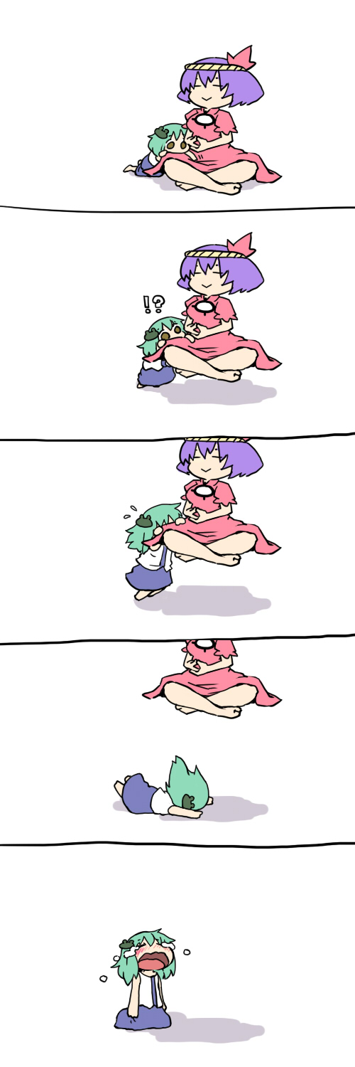 2girls, child, comic, frog, green_hair, hair_ornament, highres, kochiya_sanae, kome_(404), levitation, meditation, multiple_girls, purple_hair, silent_comic, tears, touhou, yasaka_kanako, young