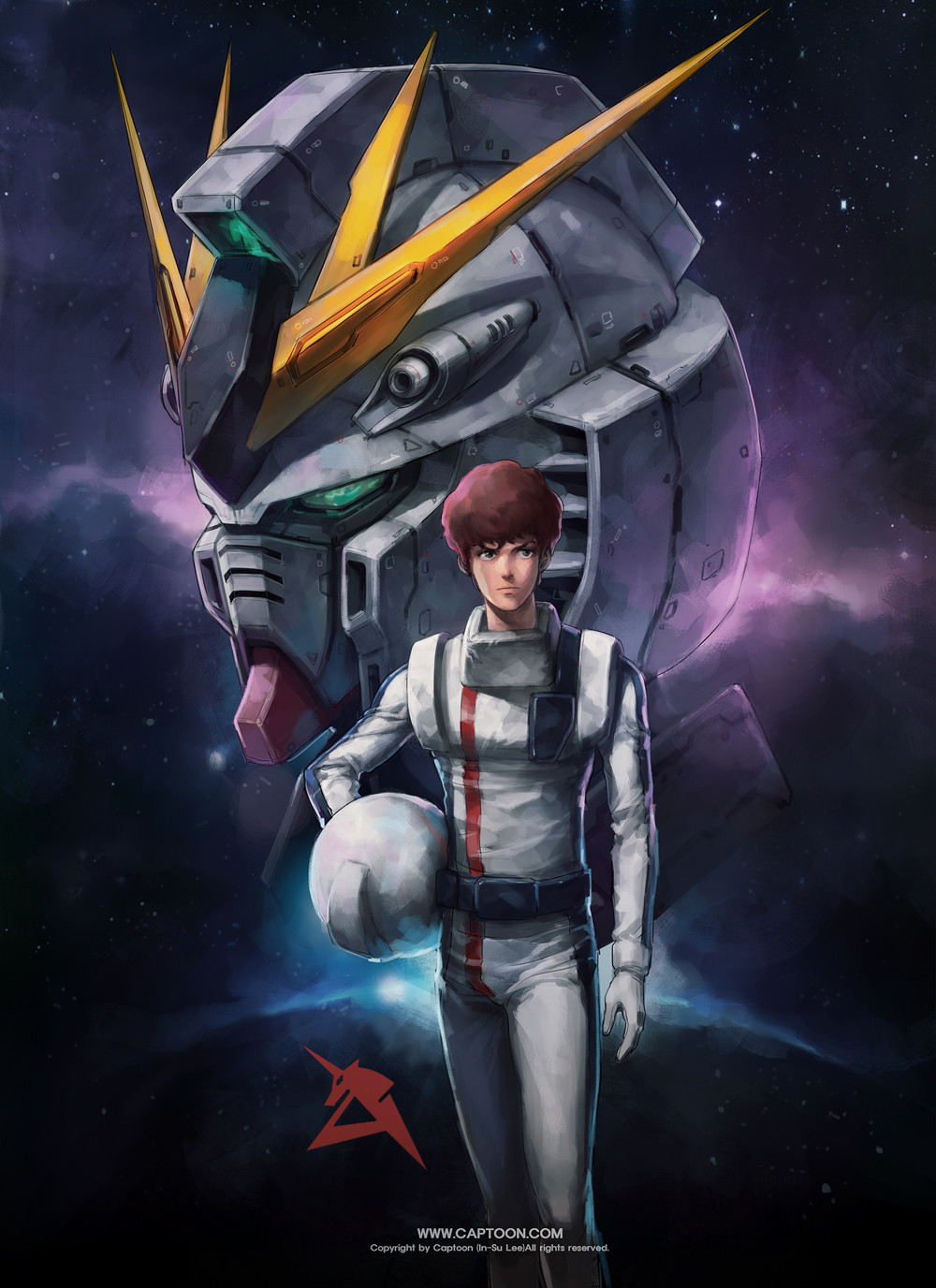 1boy, amuro_ray, brown_hair, captoon, char's_counterattack, concept_art, emblem, gun