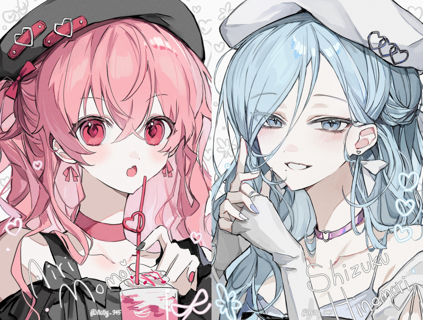 2girls, beret, black_headwear, black_shirt, blue_eyes, blue_hair, bow, bow_earrings