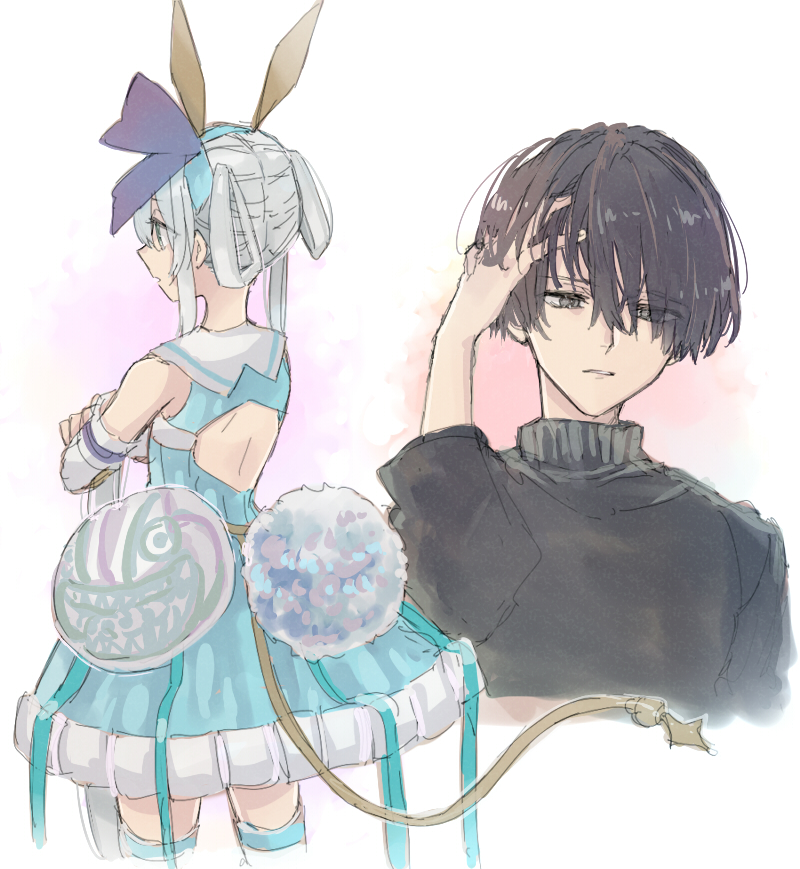 1boy, 1girl, animal_ears, atelier_(series), atelier_sophie, atelier_sophie_2, back_cutout, bare_shoulders, black_hair, blue_dress, blue_eyes, blue_hairband, clothing_cutout, crossed_arms, detached_sleeves, diebold_lewerenz, dress, eyes_visible_through_hair, fake_animal_ears, fake_tail, grey_eyes, grey_hair, hair_rings, hairband, hand_in_own_hair, hani_(udauda), legs_apart, long_hair, open_mouth, plachta, purple_ribbon, rabbit_ears, rabbit_tail, ribbon, simple_background, standing, tail, thighs, turtleneck, white_background, white_sleeves