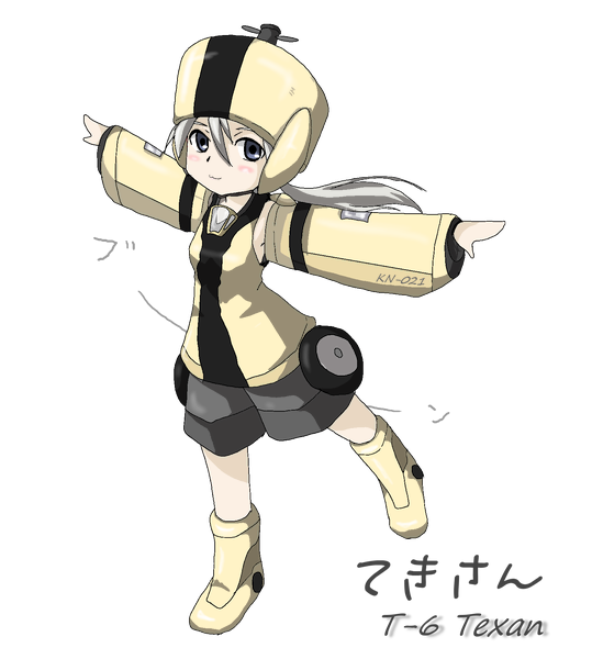 mecha_musume, outstretched_arms, propeller, smile, solo, spread_arms, t-6_texan, wheels