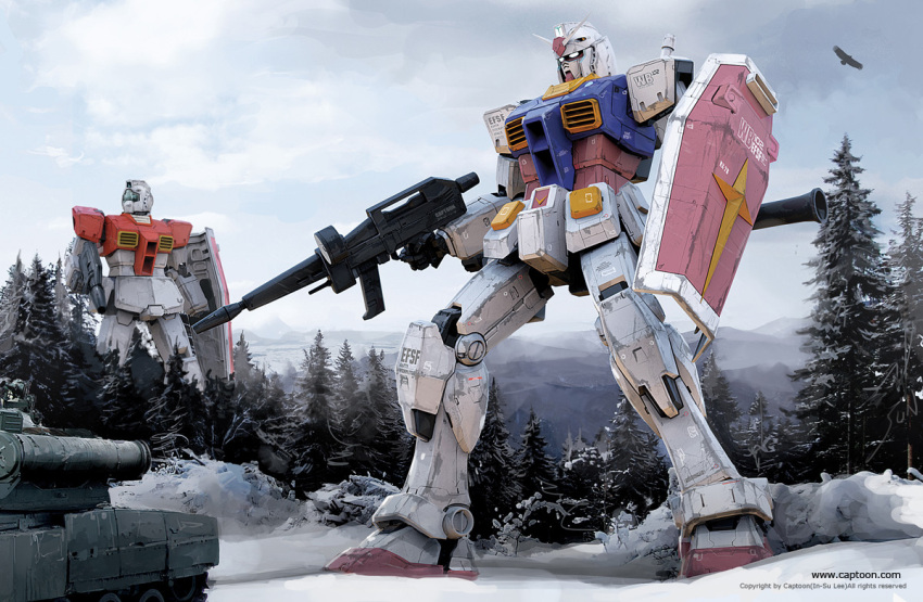 3d, army, bazooka_(gundam), beam_rifle, bird, captoon, clouds, eagle