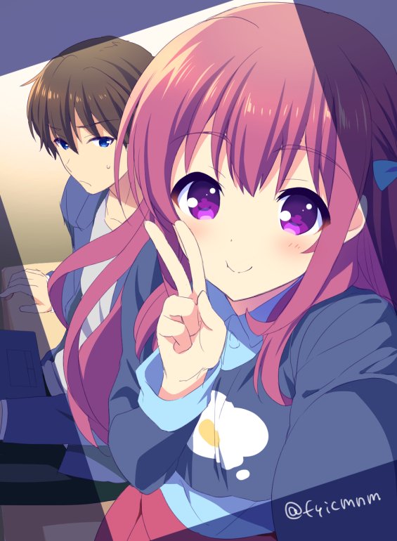 1boy, 1girl, :t, black_sweater, blue_eyes, blush, cheek_press, closed_mouth