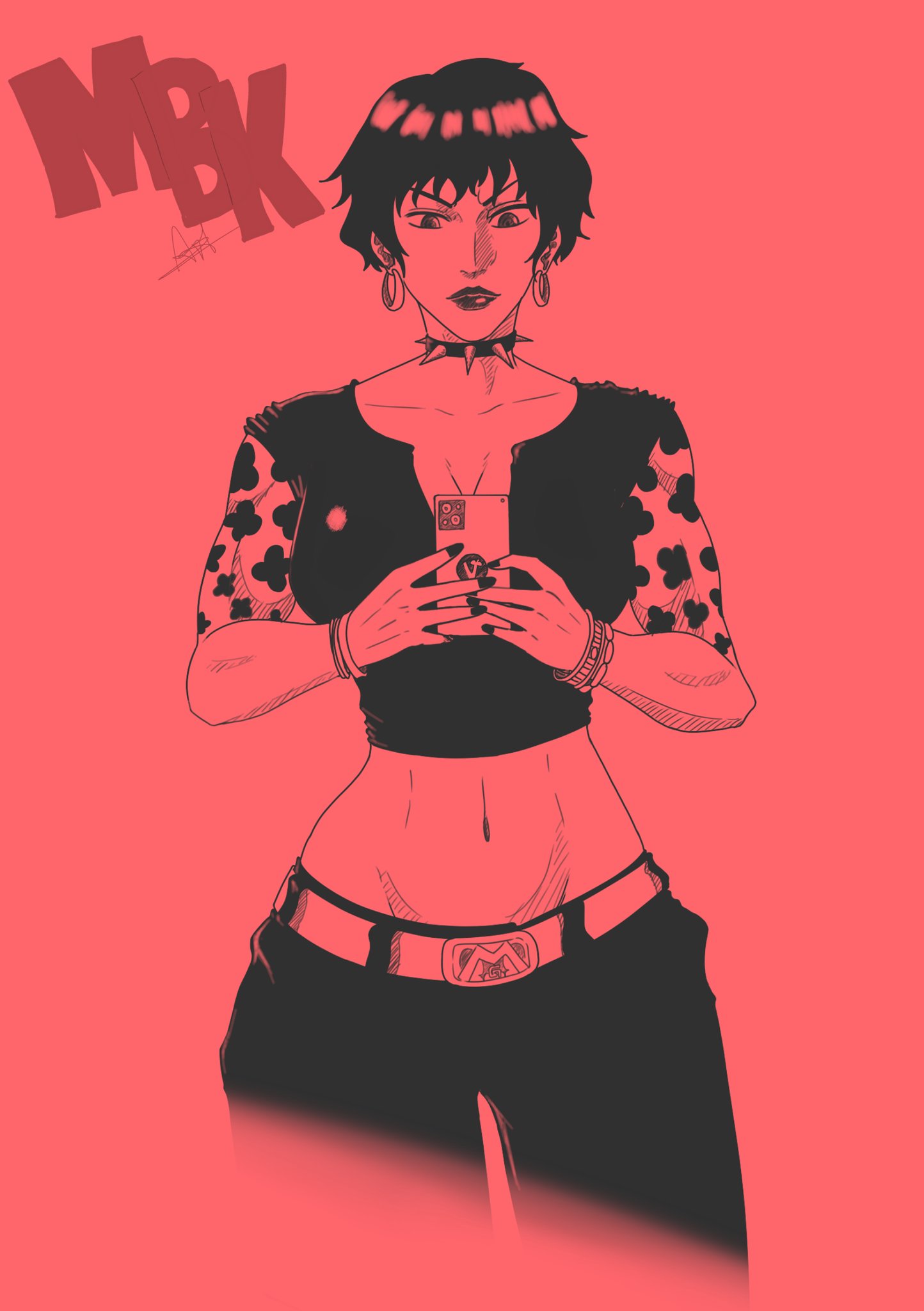 1girl, arm_tattoo, artist_name, black_eyes, black_hair, black_lips, bracelet, cellphone, choker, closed_mouth, collar, doll_(one_piece), earrings, highres, holding, holding_phone, hoop_earrings, jewelry, lipstick, madbrownkid_art, makeup, midriff, nail_polish, one_piece, phone, pink_background, selfie, short_hair, signature, simple_background, smartphone, solo, spiked_collar, spikes, tattoo