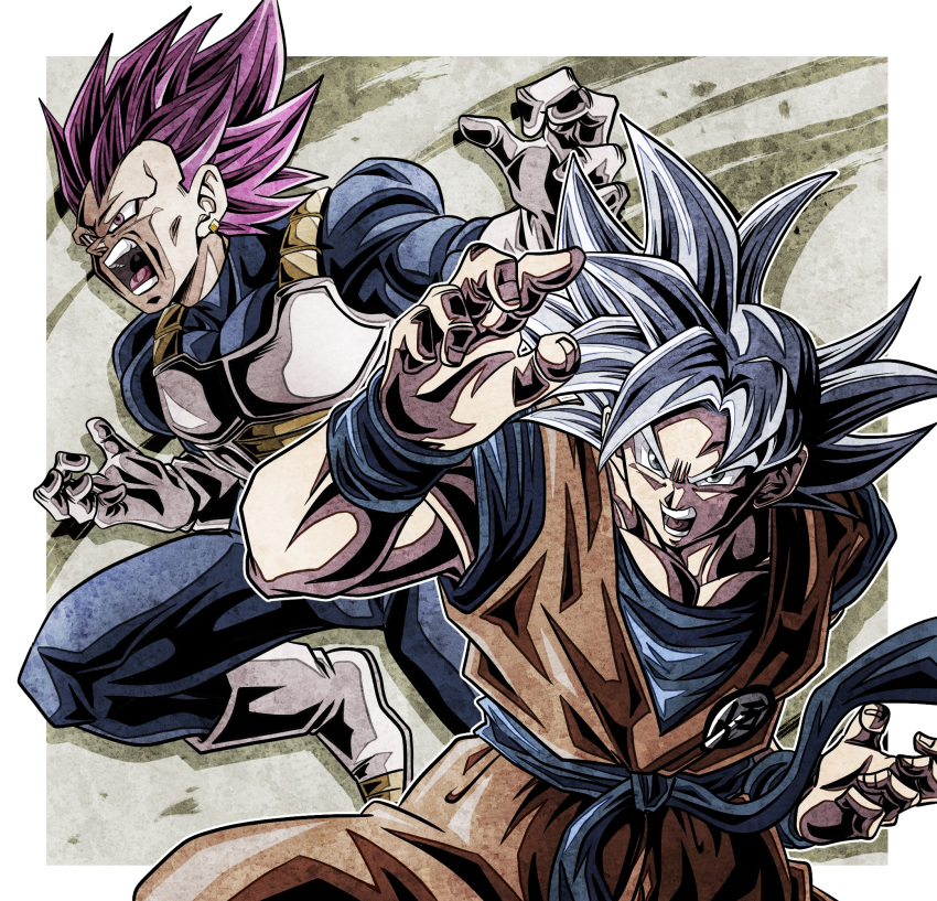 2boys, angry, armor, biceps, blue_bodysuit, blue_sash, blue_shirt, blue_wristband