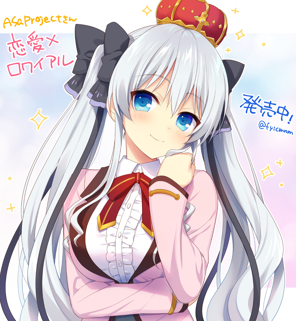 1girl, arm_under_breasts, black_bow, black_ribbon, blue_eyes, blush, bow, breast_hold