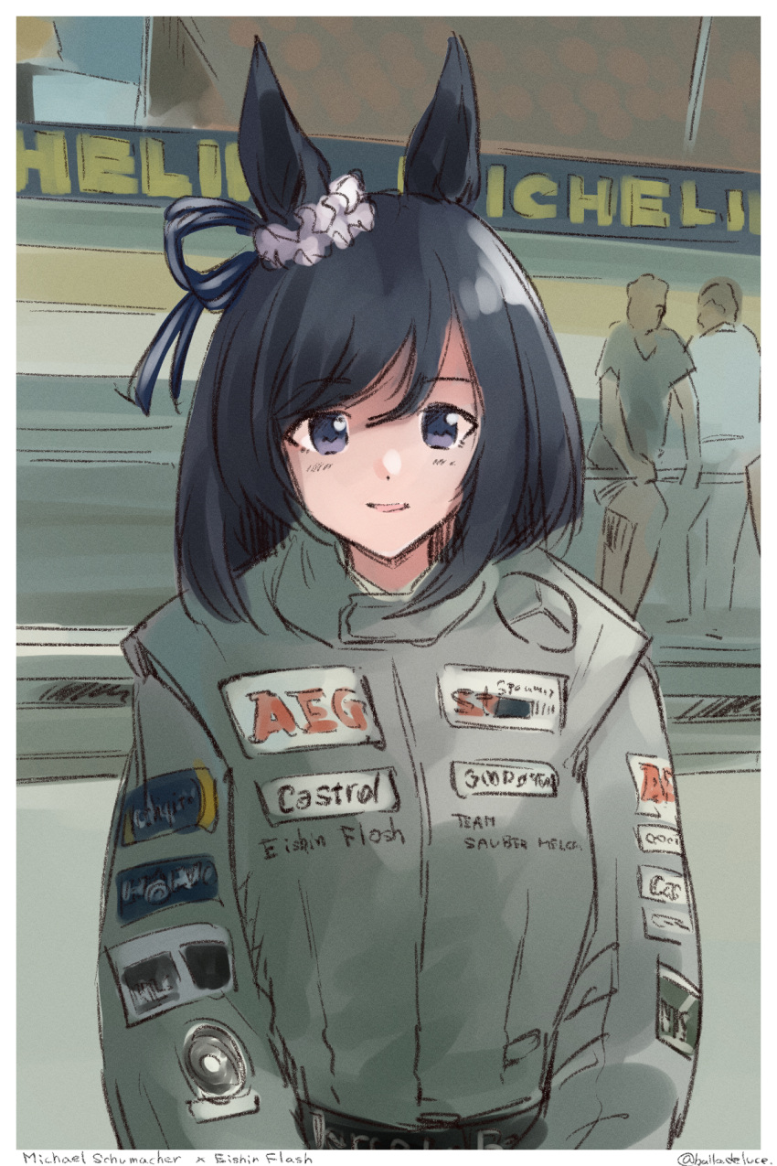 1girl, animal_ears, balladeluce, blue_ribbon, character_name, cosplay, eishin_flash_(umamusume), grey_jacket
