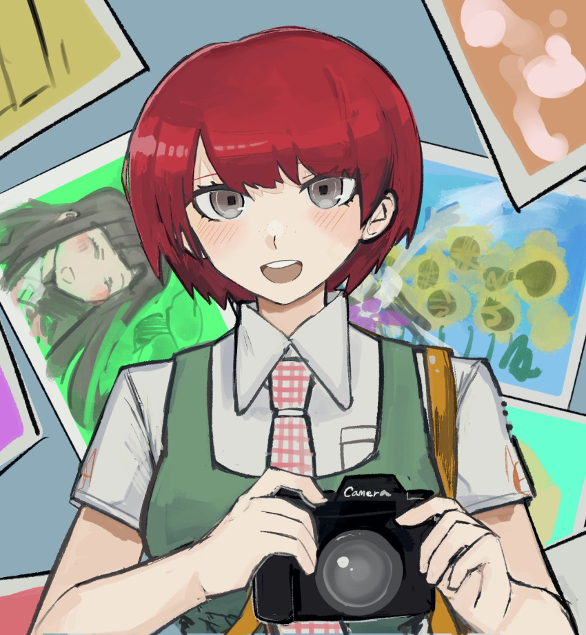 1girl, 2girls, :d, blush, breast_pocket, breasts, brown_eyes, camera