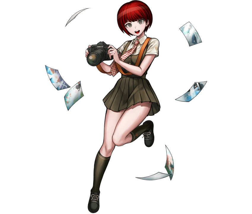 1girl, :d, aiming, aiming_at_viewer, artist_request, black_footwear, blunt_bangs, breasts
