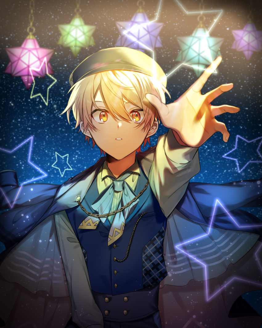 1boy, black_sky, blonde_hair, blue_bow, blue_bowtie, blue_coat, blue_headwear, blue_pants