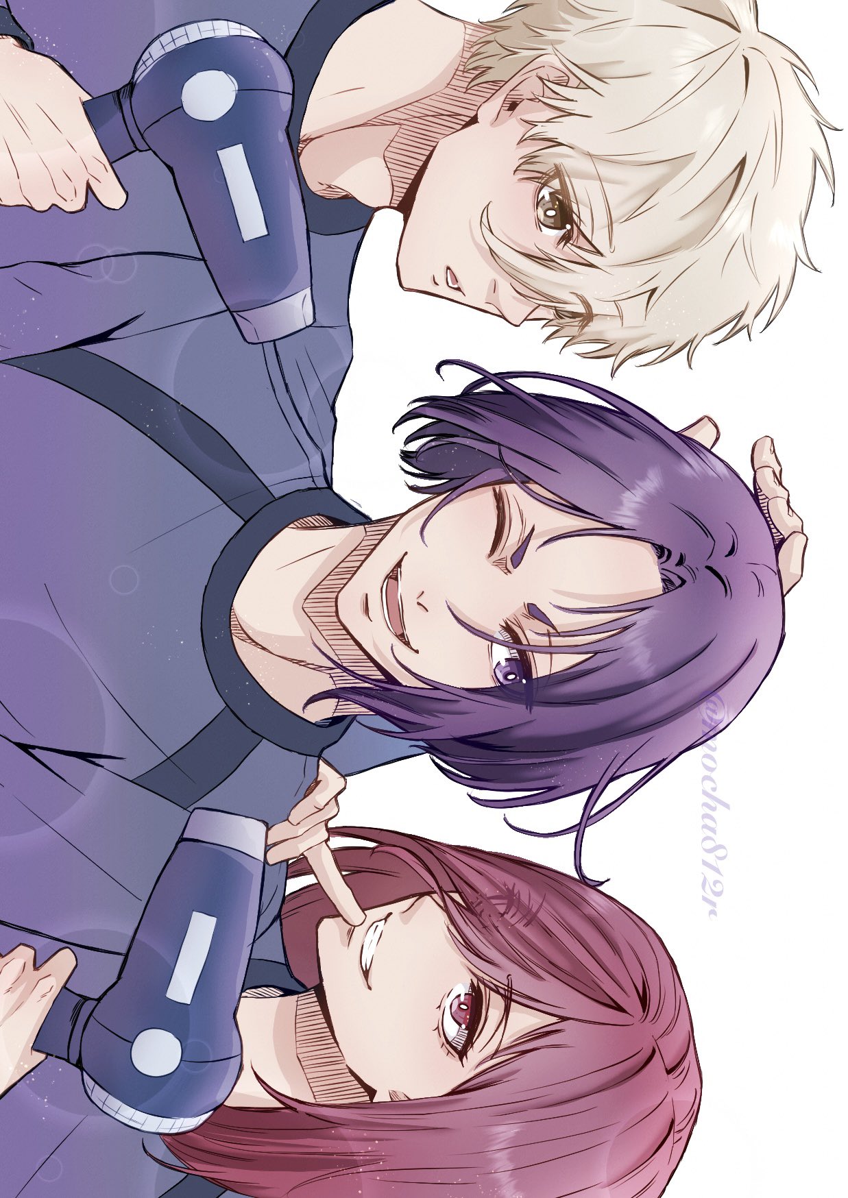 3boys, black_hair, blue_lock, blue_shirt, chigiri_hyoma, grin, hair_dryer, hand_up