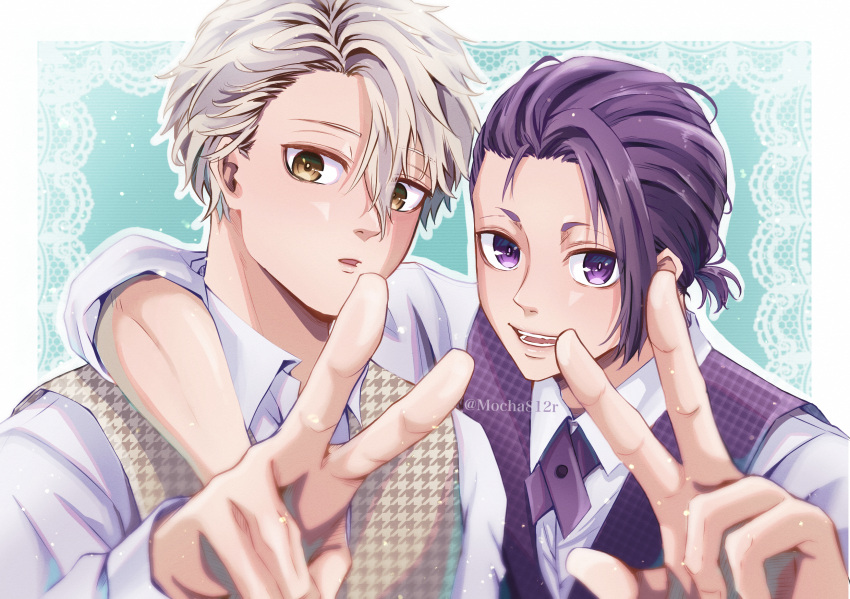 2boys, black_eyes, blue_background, blue_lock, collared_shirt, hand_up, highres, long_sleeves