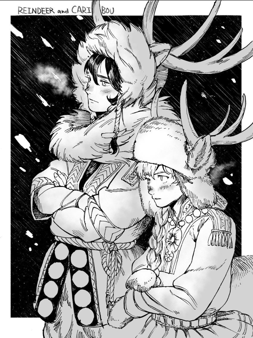 2boys, animal_ears, antlers, black_background, black_hair, braid, breath, centauroid