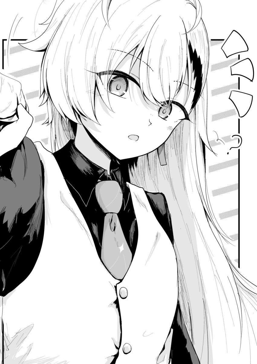 1girl, ?, asymmetrical_bangs, blue_archive, collared_shirt, greyscale, haine_(blue_archive), hair_between_eyes