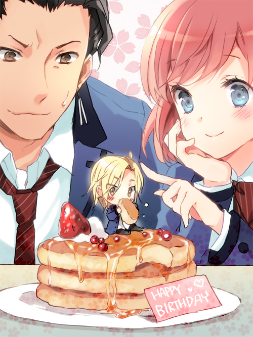 blazer, blonde_hair, blue_eyes, blush, bow, boy_in_food, character_request, chibi, cuteg, eating, food, fruit, hinomoto_hikari, miniboy, necktie, pancake, pink_hair, pointing, protagonist_(tokimemo_gs3), sakurai_kouichi, sakurai_ruka, school_uniform, short_hair, sitting, smile, strawberry, sweat, syrup, tokimeki_memorial, tokimeki_memorial_2, tokimeki_memorial_girl's_side, tokimeki_memorial_girl's_side_3rd_story, yellow_eyes