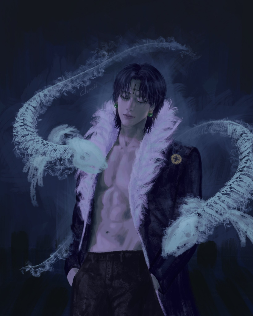 1boy, abs, black_coat, black_hair, chaeillll, chrollo_lucilfer, closed_eyes, coat