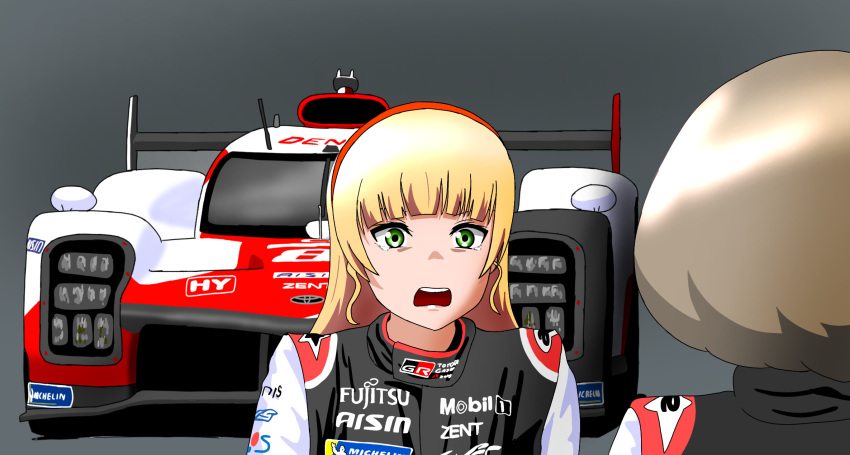 2girls, black_jacket, blonde_hair, brown_hair, car, commentary_request, grey_background, hairband, heanna_sumire, highres, jacket, le_mans_prototype, long_hair, looking_at_another, love_live!, love_live!_superstar!!, michelin, michelin_man, motor_vehicle, multiple_girls, open_mouth, race_vehicle, racecar, racing_suit, red_hairband, short_hair, tang_keke, tearing_up, toyota, toyota_gazoo_racing, toyota_gr010, world_endurance_championship, yohakichi