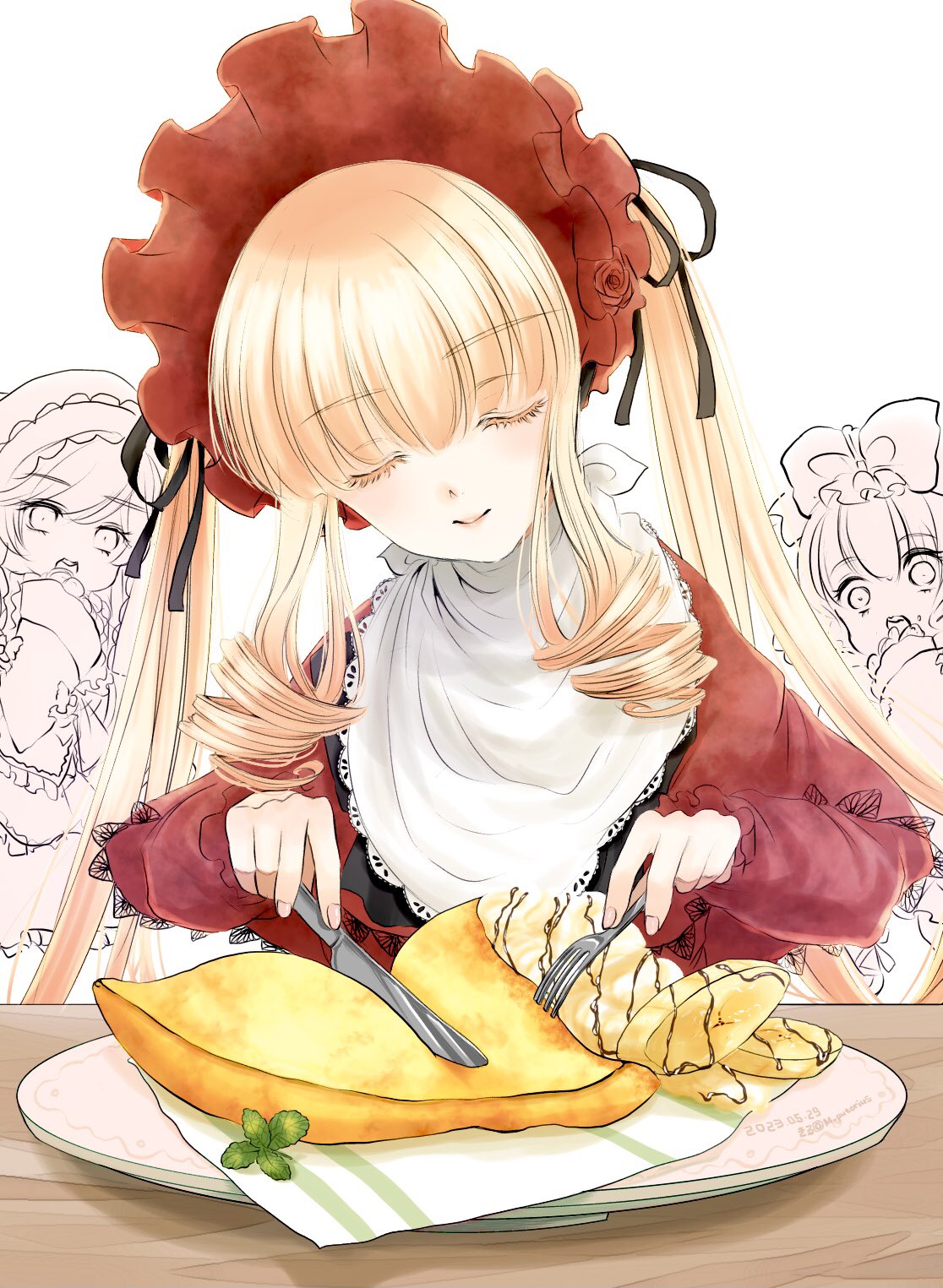 3girls, blonde_hair, bonnet, closed_eyes, crepe, dress, drill_hair, food