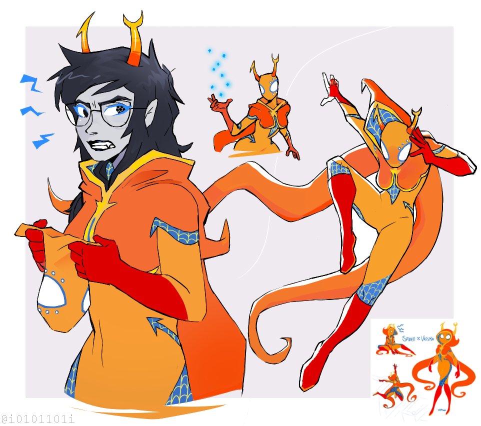 1girl, black_hair, bodysuit, boots, borrowed_design, breasts, chowithdots, colored_skin, commentary, cosplay, english_commentary, glasses, godtier_(homestuck), grey_background, grey_skin, holding, holding_mask, homestuck, hood, hood_down, hooded_bodysuit, long_hair, marvel, mask, mask_removed, multiple_views, orange_bodysuit, orange_horns, red_footwear, reference_inset, simple_background, spider-man, spider-man_(cosplay), spider-man_(series), troll_(homestuck), twitter_username, two-sided_hood, vriska_serket, zero_(i0101101i)