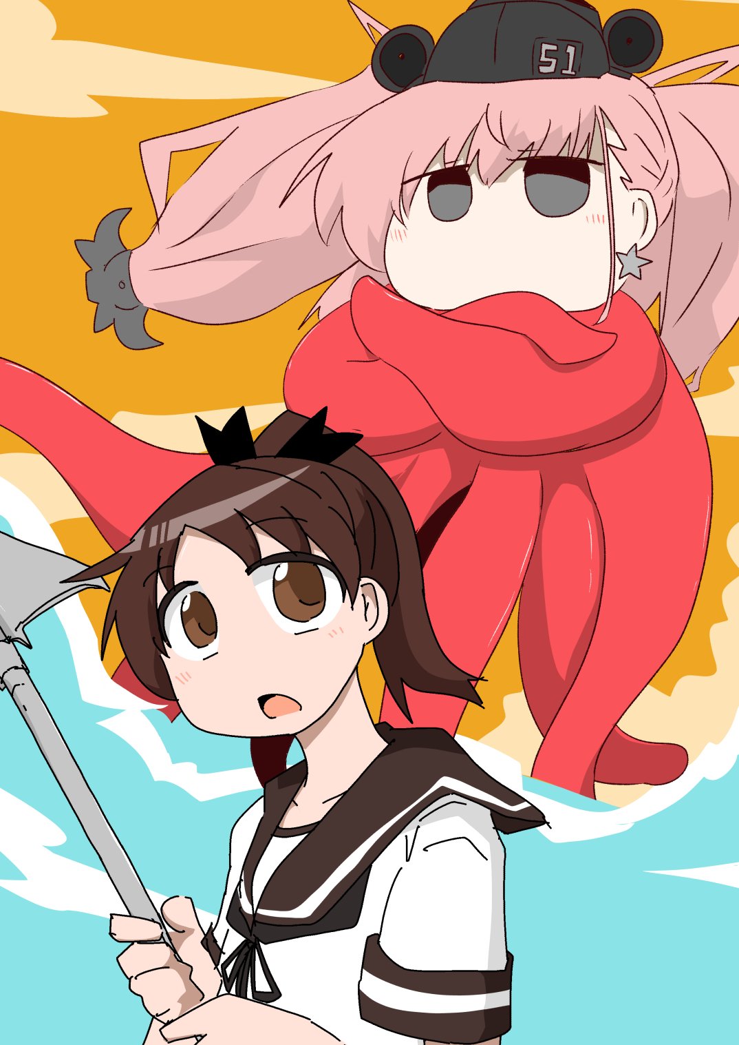 1girl, animalization, atlanta_(kancolle), axe, breasts, brother_and_sister, brown_eyes, brown_sailor_collar