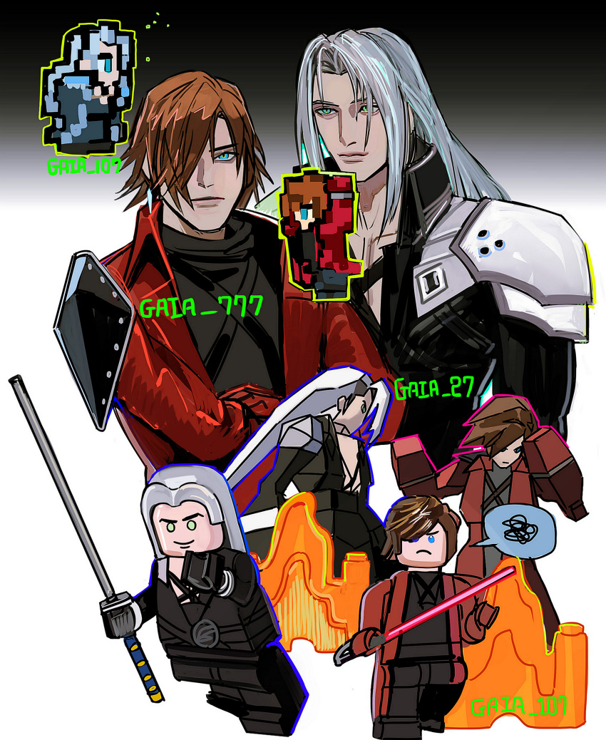 absurdres, alternate_universe, armor, black_coat, black_shirt, blue_eyes, brown_hair, chest_harness