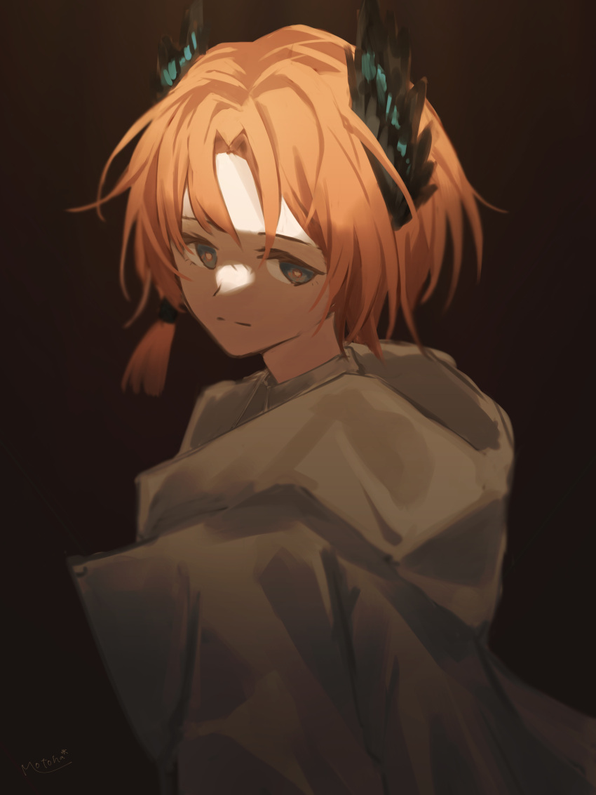 1boy, absurdres, aged_down, arknights, black_wings, brown_background, head_wings, highres