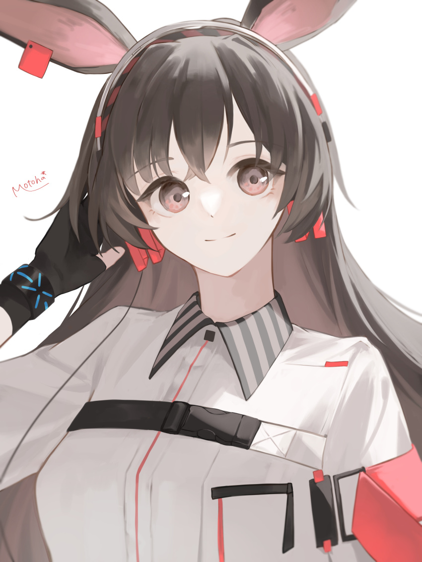 1girl, absurdres, animal_ears, april_(arknights), arknights, black_gloves, black_hair, breasts