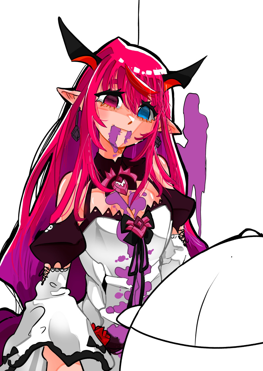 1girl, absurdres, death, detached_sleeves, dress, empty_eyes, grimace_shake_(meme), guyrys