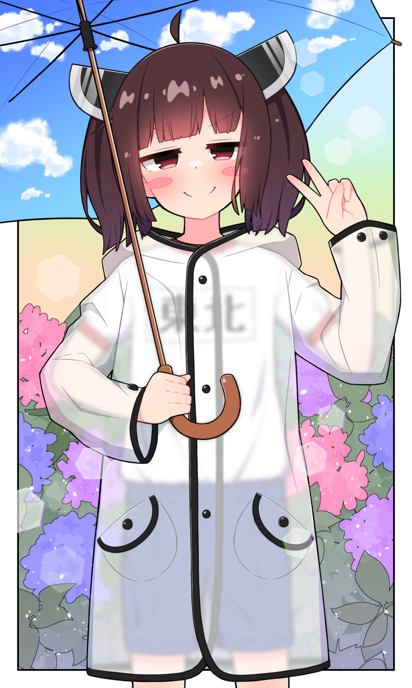 1girl, ahoge, alternate_costume, blade, blue_shorts, blunt_bangs, blush_stickers, border
