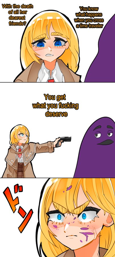 1girl, 1other, arm_up, blonde_hair, blood, blood_on_face, blue_eyes, brown_coat
