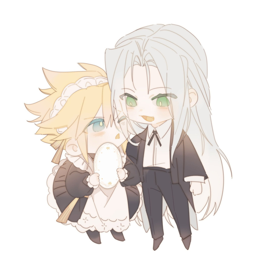 2boys, alternate_costume, annoyed, apron, black_dress, black_footwear, black_jacket, black_necktie