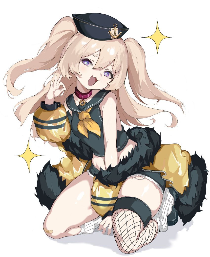 1girl, absurdres, azur_lane, bache_(azur_lane), bare_legs, bare_shoulders, between_legs, black_headwear, black_serafuku, blonde_hair, blush, breasts, collar, crop_top, detached_sleeves, fishnet_thighhighs, fishnets, full_body, hair_between_eyes, hand_between_legs, hand_up, hat, head_tilt, highres, kesseil, kneeling, leaning_forward, legs, legs_apart, long_hair, looking_at_viewer, micro_shorts, midriff, neckerchief, ok_sign, sailor_collar, school_uniform, serafuku, shorts, single_bare_leg, single_fishnet_legwear, skindentation, small_breasts, smug, solo, spread_legs, thigh-highs, thighs, two_side_up, very_long_hair, violet_eyes, yellow_neckerchief
