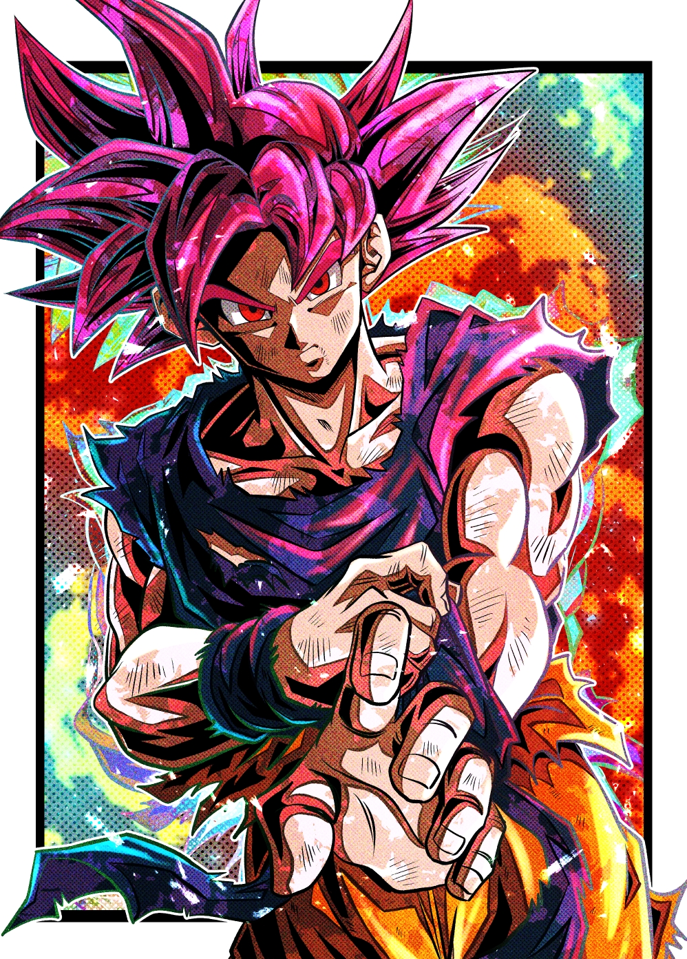 1boy, biceps, blue_shirt, blue_wristband, border, closed_mouth, collarbone, dragon_ball