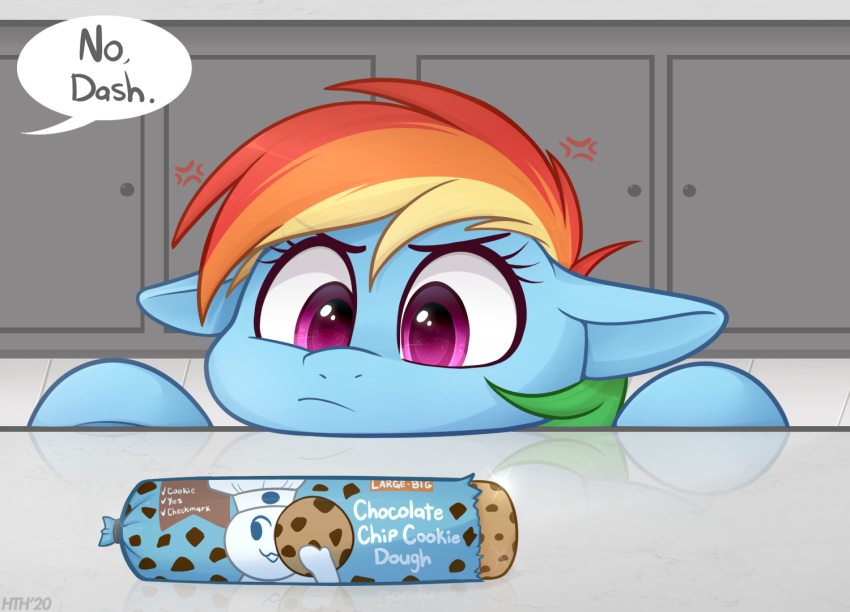 blue_fur, cookie, english_text, food, higgly.town.hero, indoors, looking_ahead, multicolored_hair, my_little_pony, my_little_pony:_friendship_is_magic, no_humans, pegasus, rainbow_dash, rainbow_hair, solo, speech_bubble, upper_body, violet_eyes