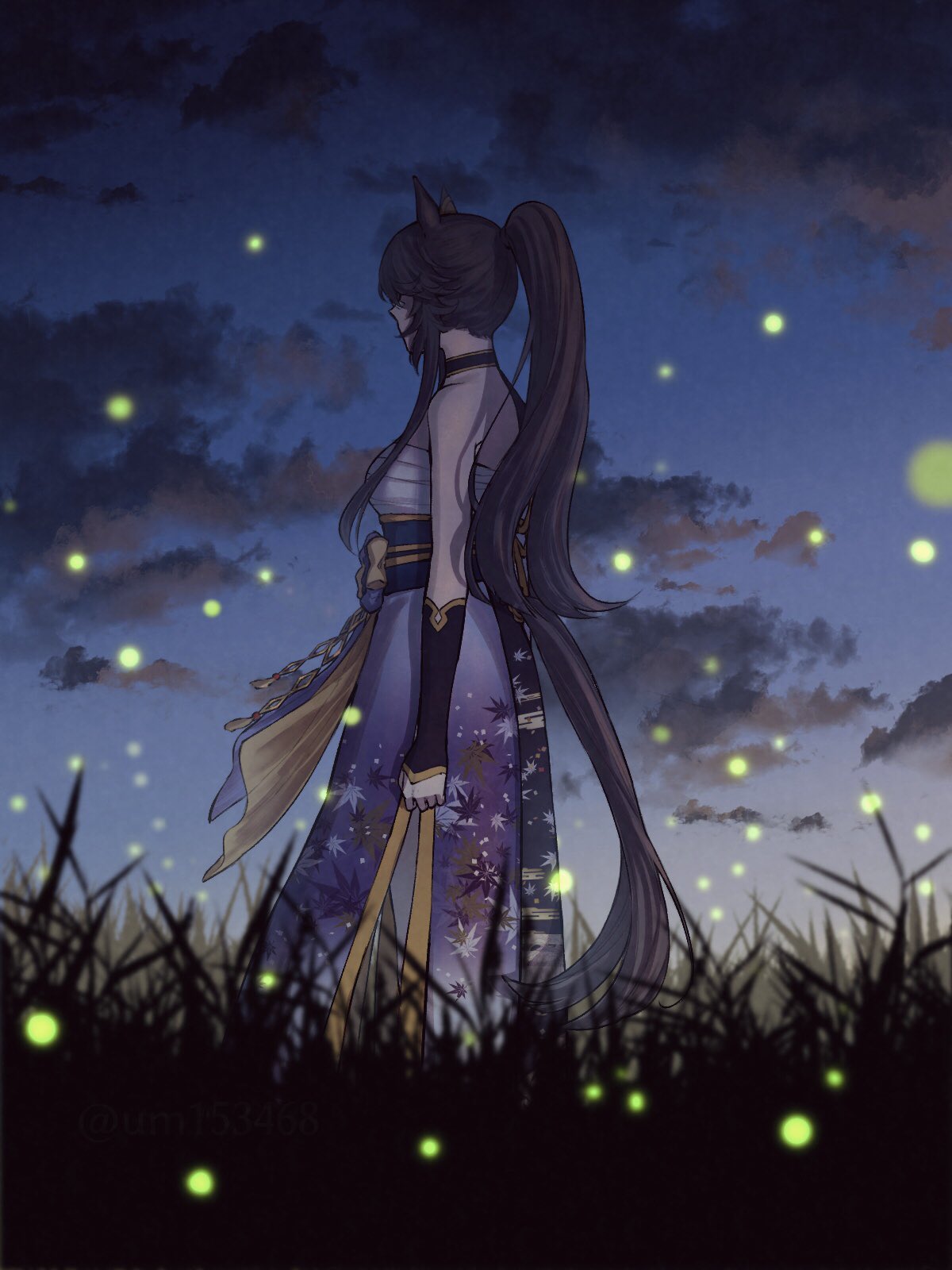 1girl, animal_ears, arms_at_sides, black_hair, breasts, chest_sarashi, choker, clouds, detached_sleeves, fireflies, floral_print, grass, high_ponytail, highres, horse_ears, horse_girl, horse_tail, japanese_clothes, kimono, long_hair, narita_brian_(heavenly_laughter_kaburaya)_(umamusume), narita_brian_(umamusume), obi, official_alternate_costume, outdoors, ponytail, purple_kimono, sarashi, sash, small_breasts, solo, standing, sunset, tail, the_sounds_of_autumn_(umamusume), twitter_username, umamusume, uruimu, watermark