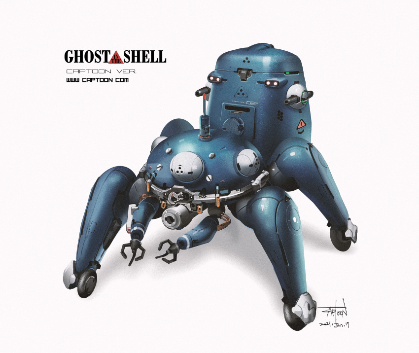 2021, cannon, captoon, claws, cyberpunk, dated, ghost_in_the_shell, highres, lights, logo, machinery, mecha, no_humans, realistic, robot, science_fiction, signature, simple_background, solo, tachikoma, title, walker, web_address, wheel, white_background
