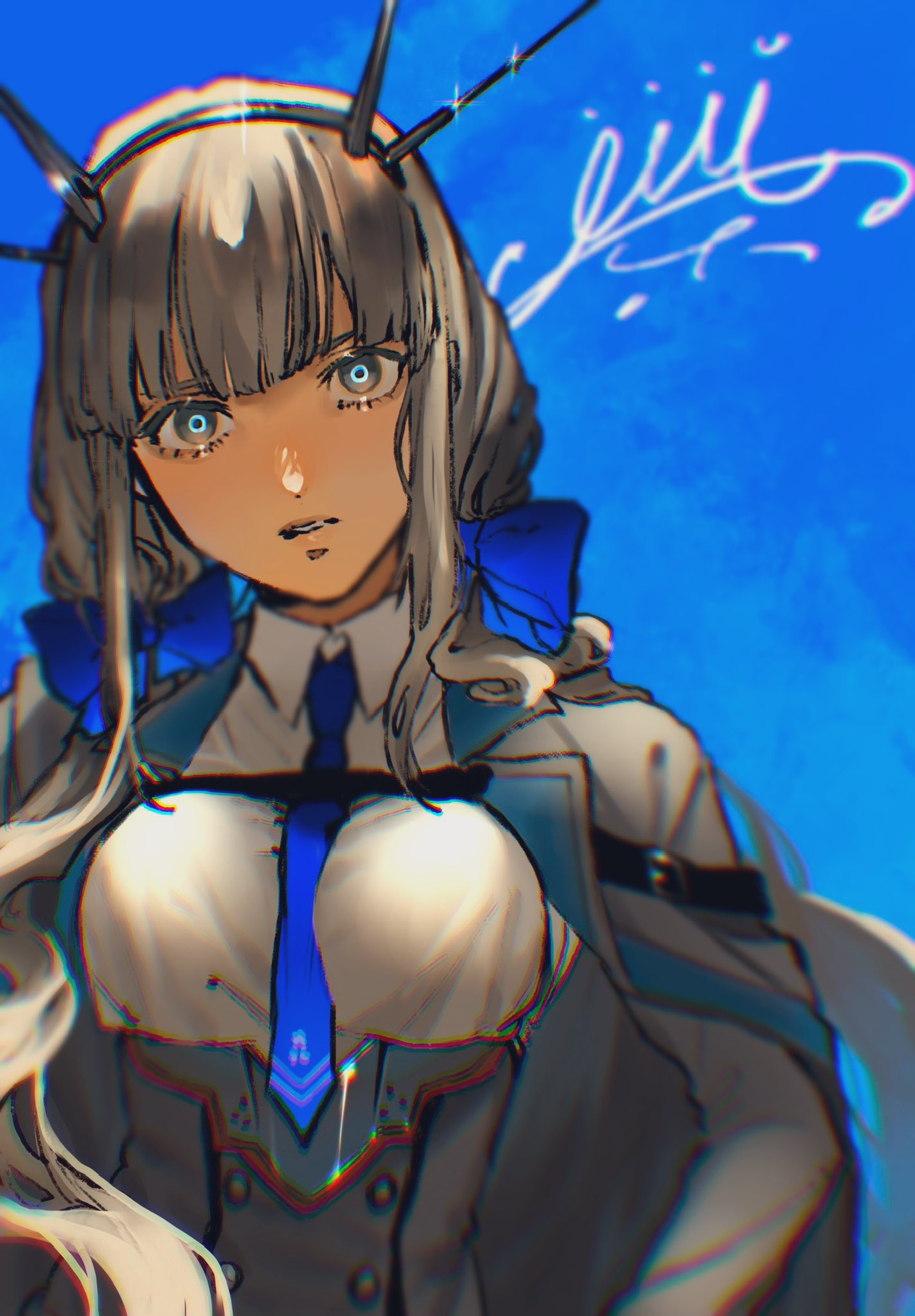 1girl, aupt31, blue_background, blue_bow, blue_eyes, blue_necktie, bow, breasts