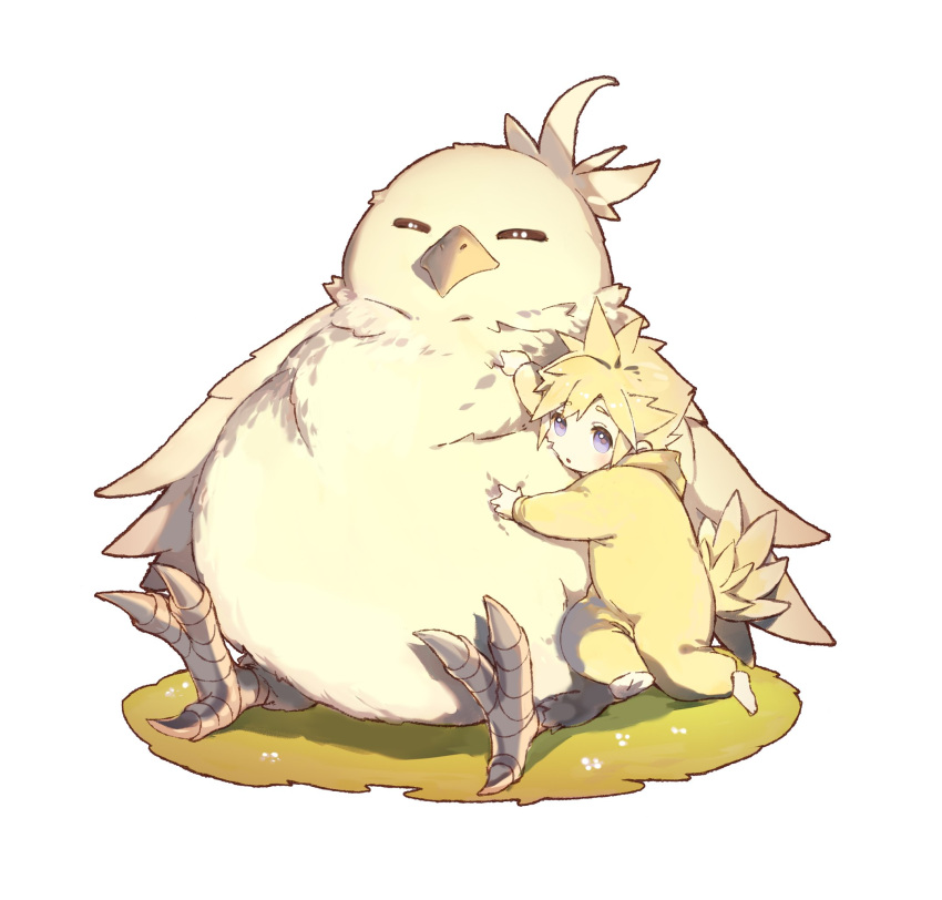1boy, aged_down, animal, bird, blonde_hair, blue_eyes, child, chocobo