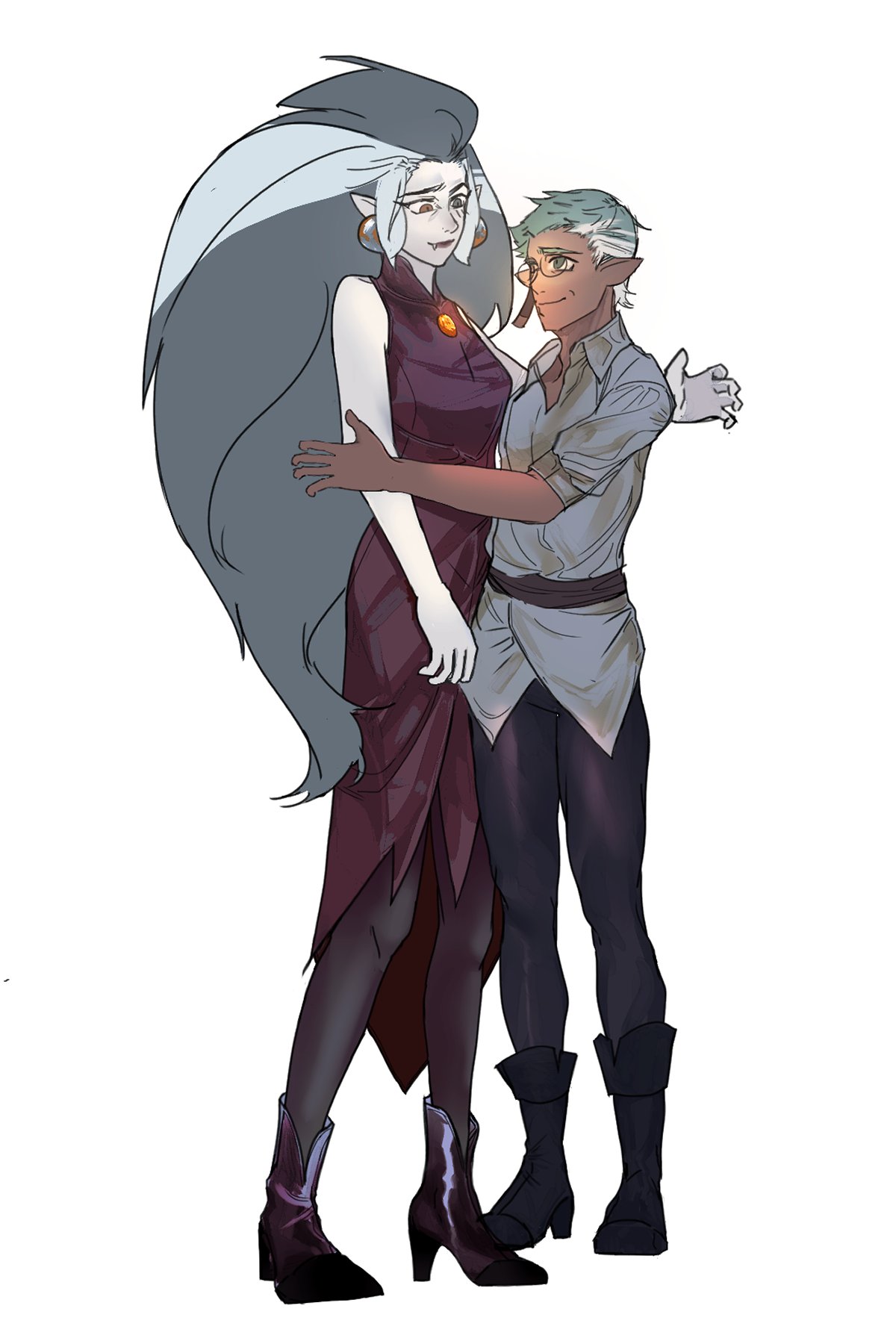 1girl, 1other, animification, black_footwear, dark-skinned_other, dark_skin, earrings, edalyn_clawthorne