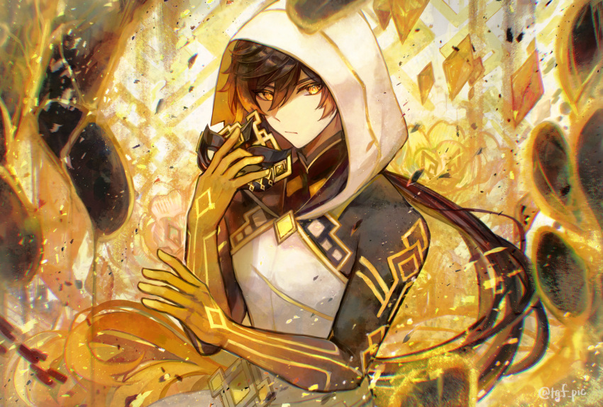 1boy, black_mask, brown_hair, closed_mouth, crystal, eyeshadow, fire, genshin_impact, gradient_hair, hair_between_eyes, hands_up, highres, holding, holding_mask, hood, long_hair, long_sleeves, looking_to_the_side, makeup, male_focus, mandarin_collar, mask, multicolored_hair, official_alternate_costume, orange_hair, ponytail, red_eyeshadow, rock, shirt, solo, tgf_pic, white_shirt, yellow_eyes, zhongli_(archon)_(genshin_impact), zhongli_(genshin_impact)