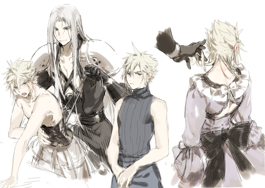 2boys, angry, armor, back_bow, bare_shoulders, belt, black_bow, black_coat