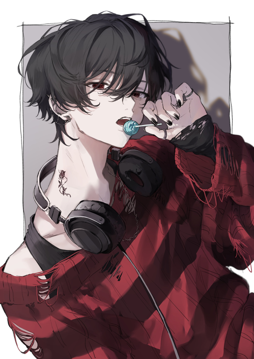 1boy, absurdres, black_hair, black_nails, black_shirt, black_tank_top, border, cable, candy, commentary_request, cross, cross_piercing, ear_piercing, earrings, english_commentary, fingernails, food, grey_background, hair_between_eyes, hand_up, head_tilt, headphones, headphones_around_neck, highres, holding, holding_candy, holding_food, holding_lollipop, industrial_piercing, jewelry, linked_piercing, lollipop, long_sleeves, looking_at_viewer, male_focus, mixed-language_commentary, multiple_rings, nail_polish, neck_tattoo, open_mouth, original, outside_border, piercing, red_eyes, red_sweater, ring, shadow, shirt, short_hair, simple_background, sleeves_past_wrists, solo, spiked_ear_piercing, spikes, striped, striped_sweater, sweater, tank_top, tattoo, teeth, thumb_ring, torn_clothes, torn_sweater, upper_body, white_border, white_xxxx