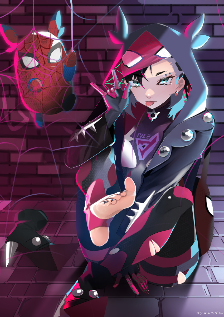 1girl, :p, \n/, absurdres, adapted_costume, bag, black_hair, black_jacket, black_nails, brick_wall, cosplay, cropped_jacket, earrings, eyebrow_piercing, foot_up, full_body, green_eyes, hand_up, highres, hood, hood_up, jacket, jewelry, jitome_no_tsugumi, lifted_by_self, looking_at_viewer, marnie_(pokemon), marvel, mask_lift, morpeko, nail_polish, pants, piercing, pokemon, pokemon_(game), pokemon_swsh, shoes, silk, single_shoe, sitting, solo, spider-gwen, spider-gwen_(cosplay), spider-man, spider-man_(cosplay), spider-man_(series), spider_web, stirrup_legwear, toeless_legwear, toenail_polish, toenails, toes, tongue, tongue_out, torn_clothes, torn_pants, twintails, undercut