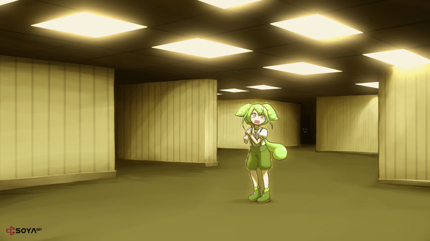 1girl, 1other, artist_logo, backrooms_(creepypasta), brooch, ceiling_light, commentary_request, evil_smile