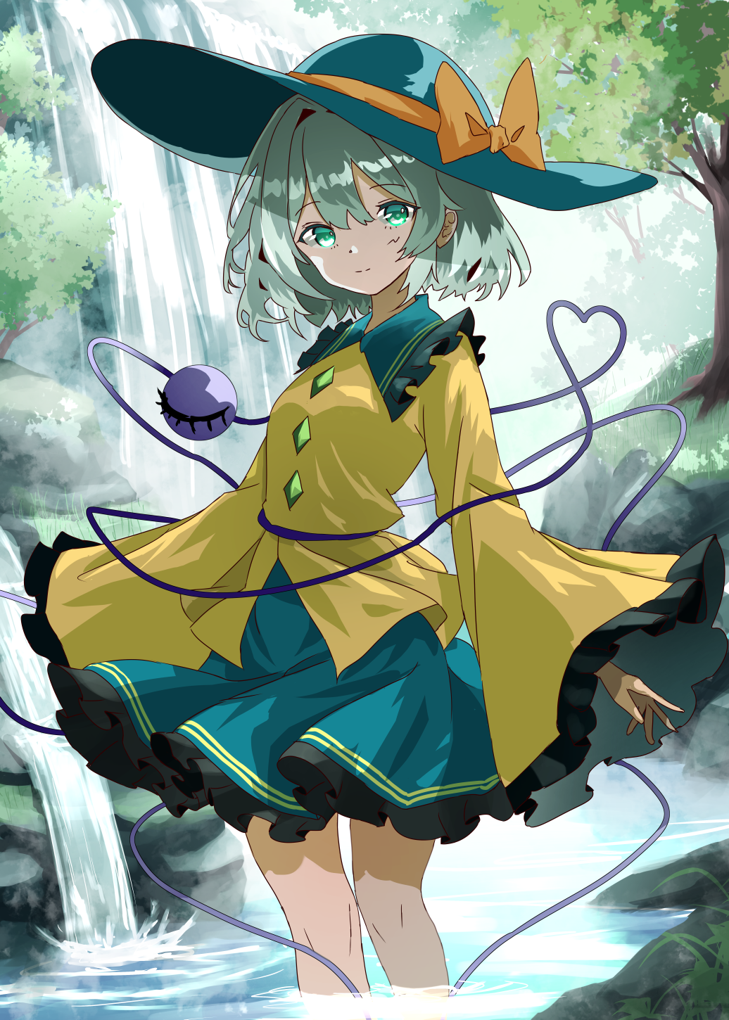 1girl, bow, commentary, frilled_skirt, frills, green_hair, green_headwear, green_skirt