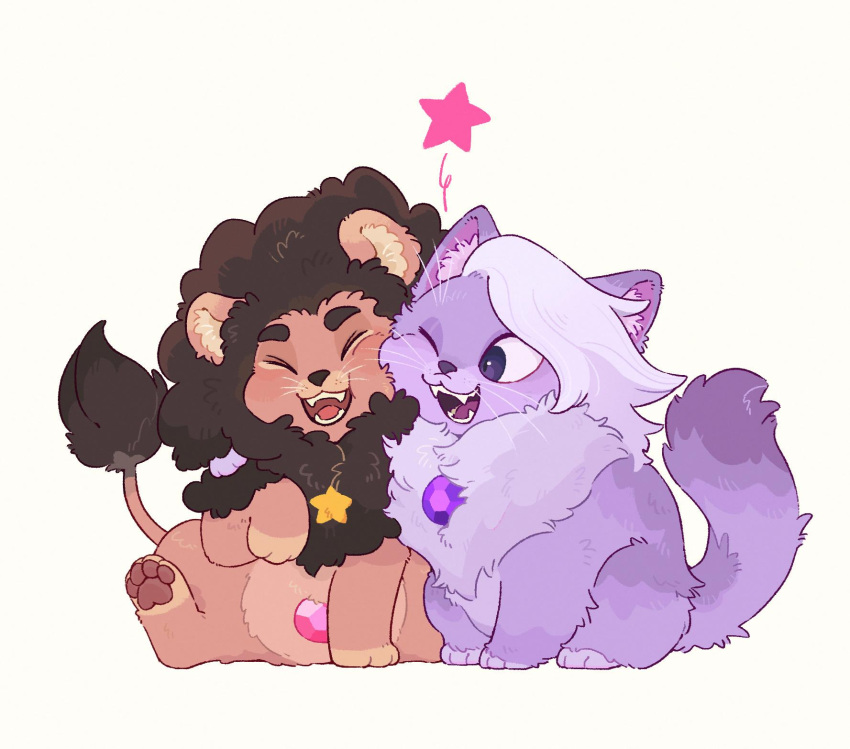1boy, 1girl, ;d, amethyst_(steven_universe), animal, animal_focus, animalization, cat, cheek-to-cheek, cheek_press, closed_eyes, fangs, full_body, gem, heads_together, highres, hua_hua_de_meme, lion, one_eye_closed, open_mouth, pink_gemstone, purple_fur, purple_gemstone, red_fur, sitting, smile, star_(symbol), steven_quartz_universe, steven_universe, white_background