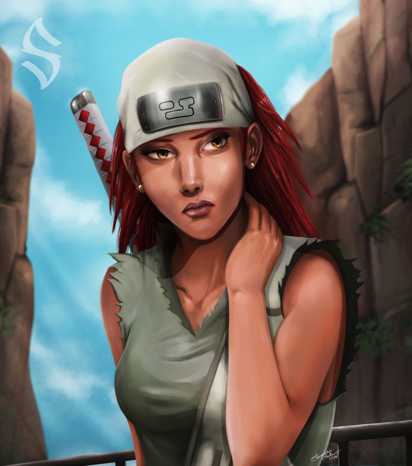1girl, absurdres, bandana, closed_mouth, dark-skinned_female, dark_skin, earrings, forehead_protector, highres, jewelry, karui_(naruto), kumogakure_symbol, long_hair, naruto, naruto_(series), naruto_shippuuden, realistic, redhead, signature, sokartis, solo, weapon, weapon_on_back, yellow_eyes