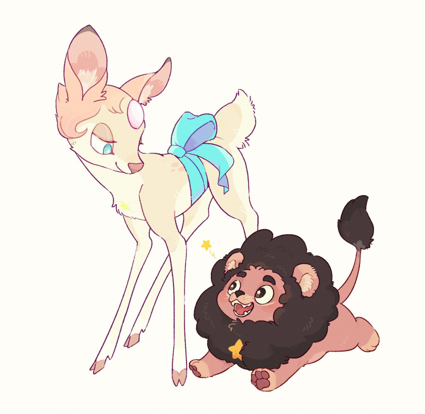 1boy, 1girl, animal, animal_focus, animalization, blue_eyes, blue_ribbon, brown_eyes, deer, full_body, highres, hua_hua_de_meme, lion, looking_at_another, pearl_(steven_universe), red_fur, ribbon, star_(symbol), steven_quartz_universe, steven_universe, yellow_background, yellow_fur